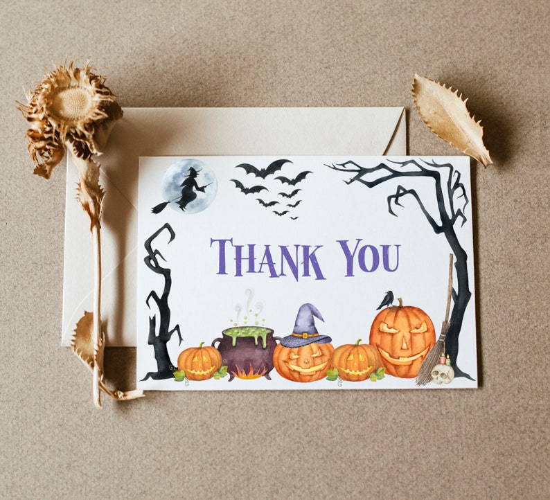 Halloween Thank You Cards Halloween Baby Shower Spooky Pumpkins Witch Bridal Shower Thank You Notecard Printable NOT Editable A9 C9 image 2