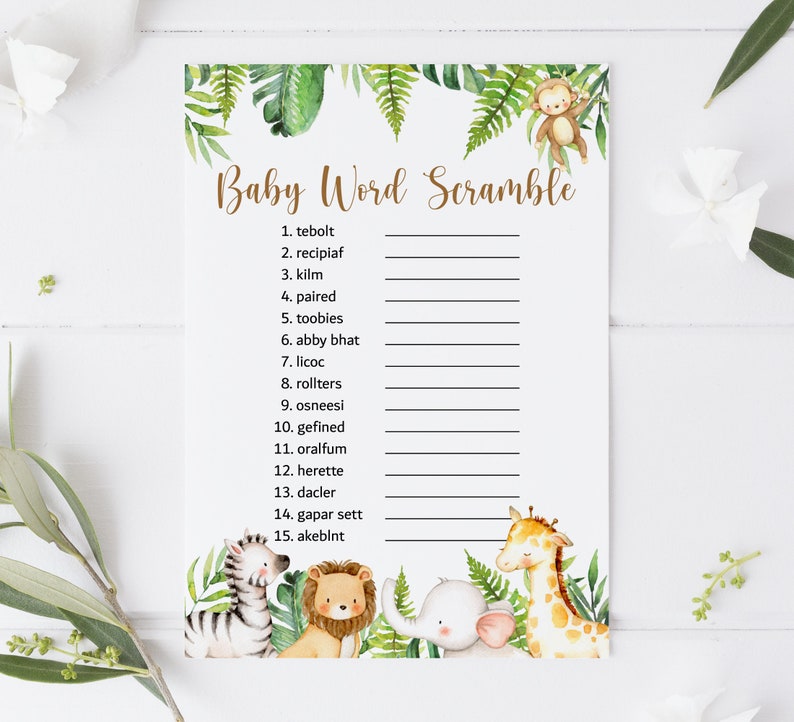 May include: A printable baby shower game with a jungle theme. The game is called "Baby Word Scramble" and has 15 words to unscramble. The words are written in brown text on a white background. The background features green leaves and illustrations of a monkey, zebra, lion, giraffe, and elephant.