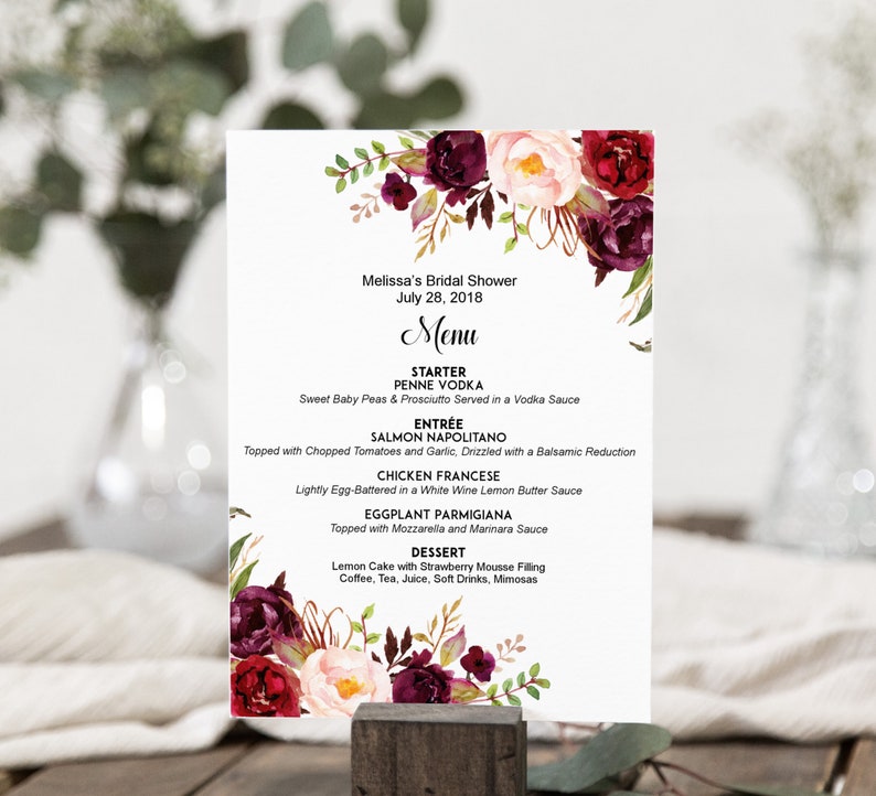 Floral Menu Printable Burgundy Menu Boho Wedding Menu Sign Menu Card Personalized Menu A38 B61 C48