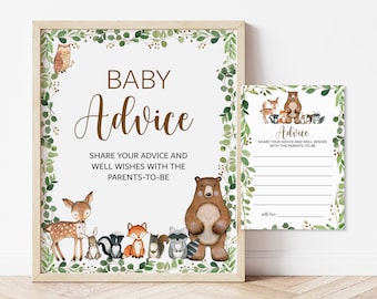 May include: A printable baby shower advice card with a woodland theme. The card features a brown bear, a deer, a fox, a raccoon, and other woodland animals. The text on the card reads "Baby Advice" and "Share your advice and well wishes with the parents-to-be."