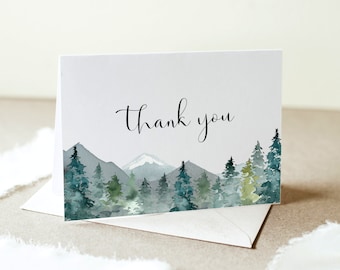 Thank You Card Template Winter Woodsy Mountain Pine Trees Folded Thank You Note Cards Printable NOT Editable A89 B96 C90