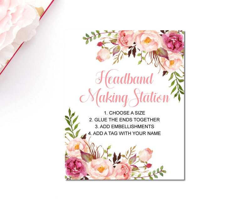 Headband Making Station Sign Printable Boho Pink Floral | Etsy