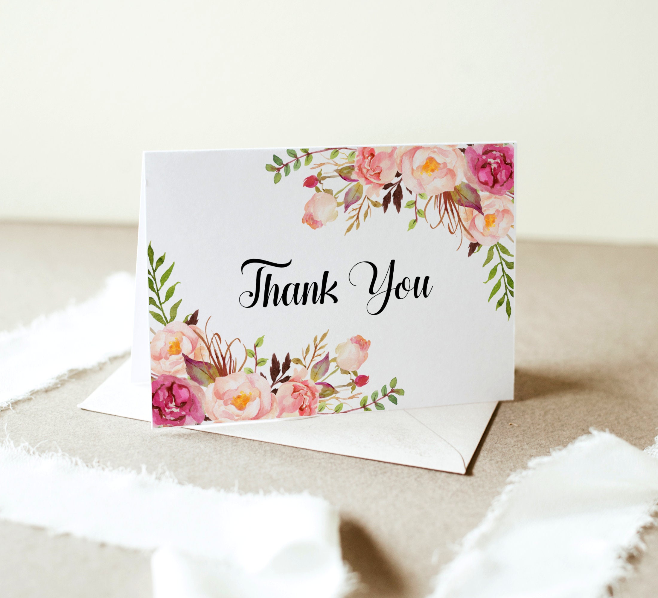 Thank You Cards Printable Pink Floral Boho Folded Thank You Etsy