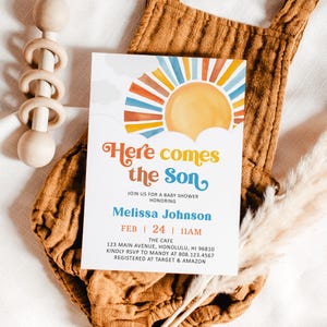 Editable Here Comes the Son Baby Shower Invitation, Boy Boho Sunshine Baby Shower Invite Printable Template, Corjl 0160 image 14
