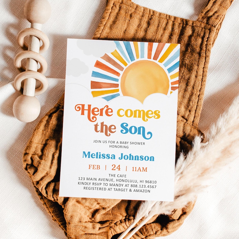 Editable Here Comes the Son Baby Shower Invitation, Boy Boho Sunshine Baby Shower Invite Printable Template, Corjl 0160 image 14