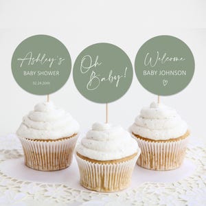 Editable Sage Green Baby Shower Cupcake Toppers Minimalist Gender Neutral Baby Shower Decor Printable Corjl Template 0122