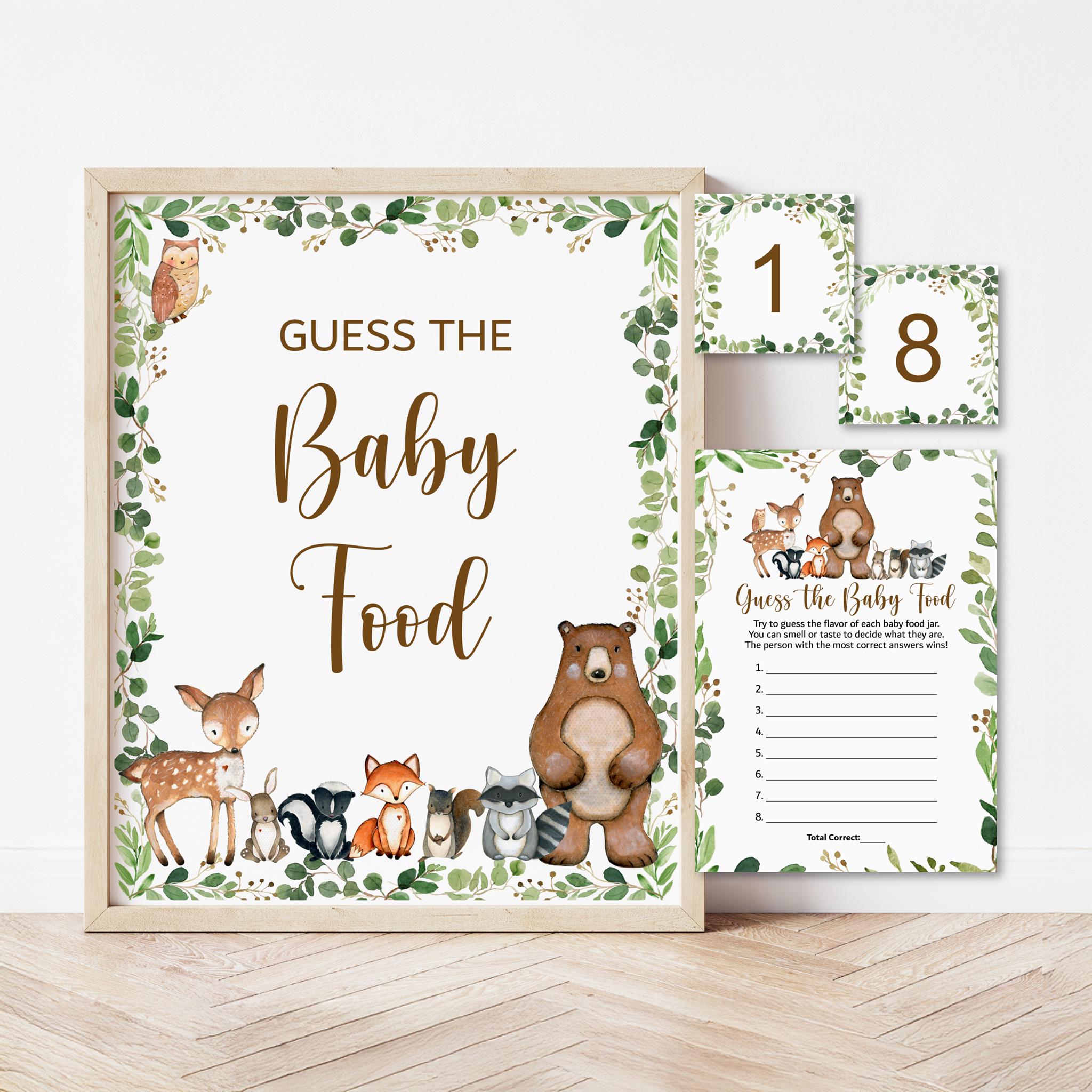 Guess The Baby Food Game Woodland Baby Shower Game Greenery Woodland Animals Forest Baby Shower Game Printable NOT Editable 0120