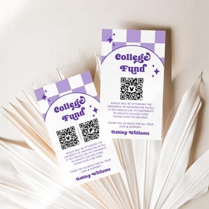 Modèle d'insertion de carte de remise des diplômes Venmo, modifiable pourpre, fonds universitaire, carte de code QR, damier