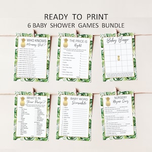 K&ouml;nnte beinhalten: Sechs druckbare Babyparty-Spielkarten mit tropischem Thema. Die Karten zeigen ein Ananas-Design mit gr&uuml;nen Bl&auml;ttern und goldenen Akzenten. Die Spiele beinhalten "Wer kennt Mama am besten?", "Der Preis ist richtig", "Baby Bingo", "Was ist in deiner Handtasche?", "Baby-Wortsalat" und "Kinderlied-Quiz".