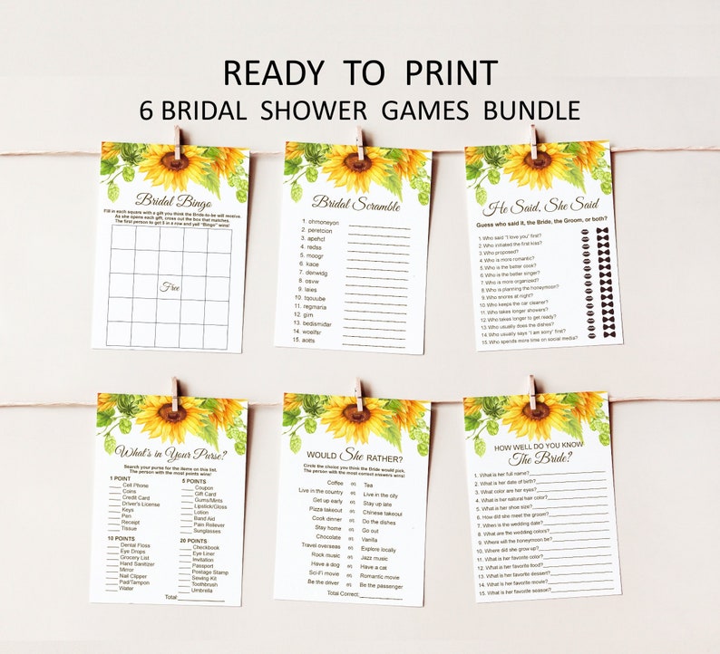 May include: Six printable bridal shower game cards with a sunflower and greenery theme. The cards are titled 'Bridal Binge', 'Bridal Scramble', 'He Said, She Said', 'What's in Your Purse', 'Would She Rather', and 'How Well Do You Know The Bride'. The cards are designed to be played at a bridal shower.
