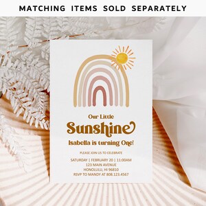 May include: A colorful rainbow with a yellow sun, a birthday invitation for a child named Isabella turning one. The invitation says "Our Little Sunshine Isabella is turning One!" with the date, time, address, and RSVP information.
