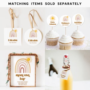 May include: A set of printable baby shower decorations featuring a rainbow, sun, and the text "mom-osa bar". The decorations include cupcake toppers, a sign, and a bottle label. The colors are pink, orange, yellow, and brown.