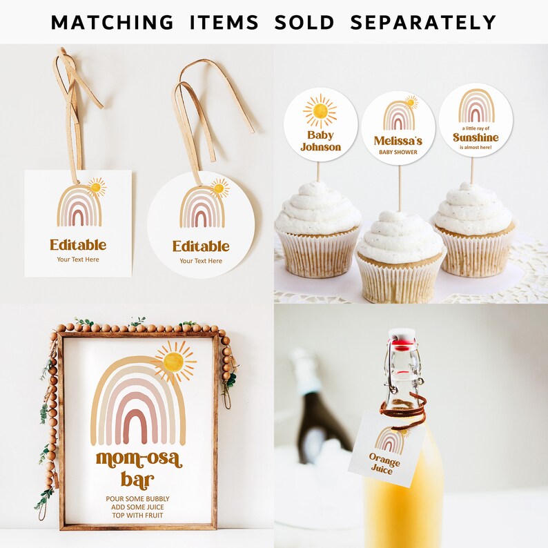 May include: A set of printable baby shower decorations featuring a rainbow, sun, and the text "mom-osa bar". The decorations include cupcake toppers, a sign, and a bottle label. The colors are pink, orange, yellow, and brown.