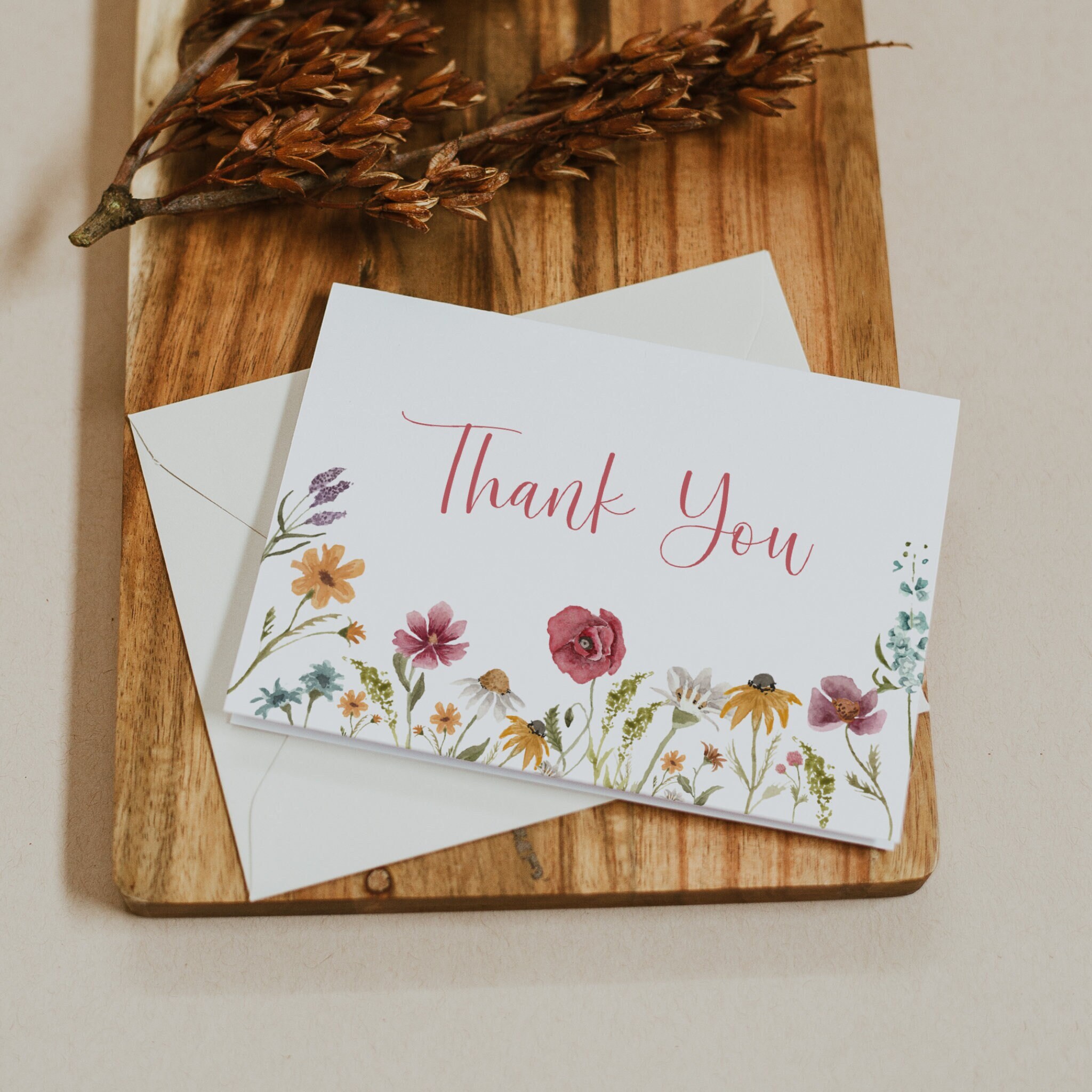 Wildflower Thank You Card Pink Floral Thank You Card Printable File ...
