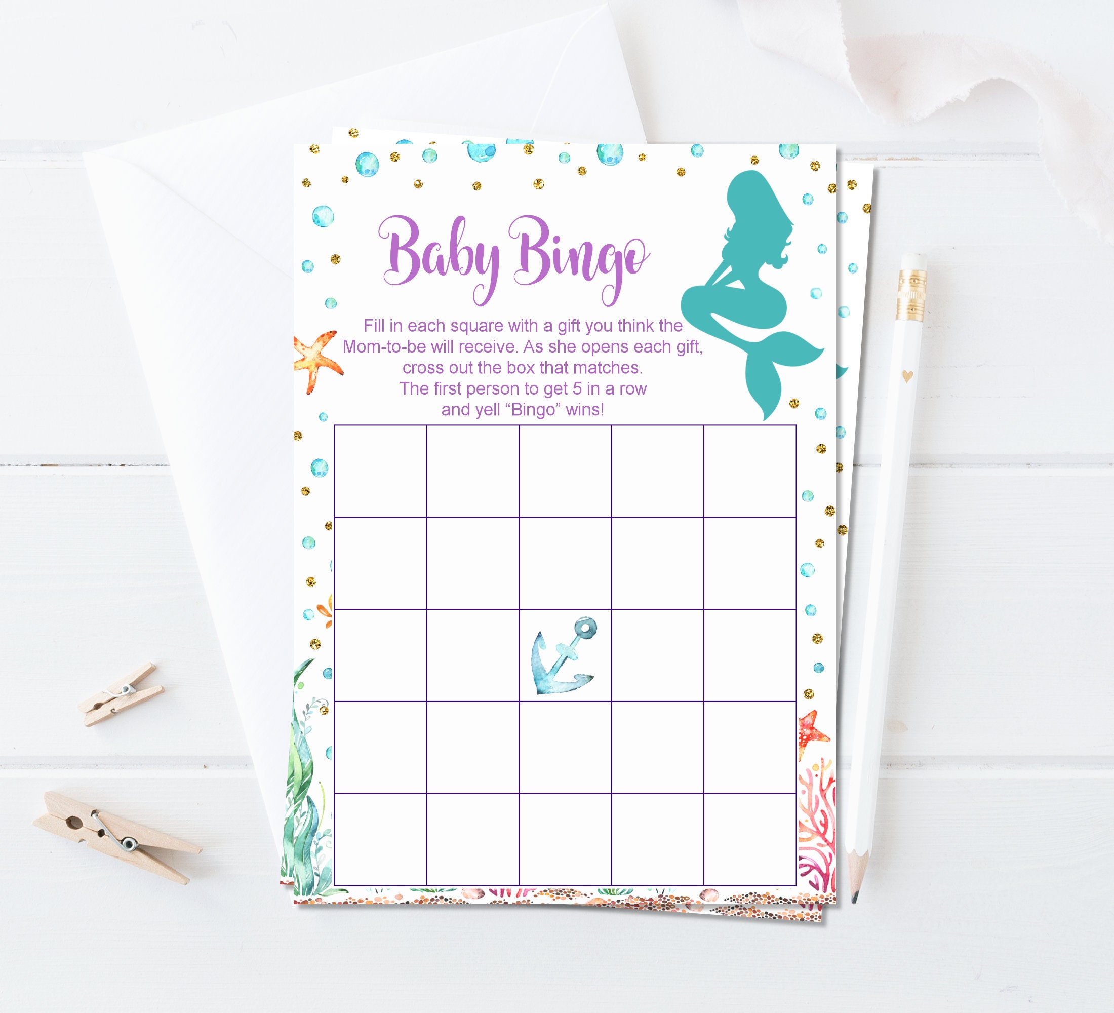 Mermaid Baby Shower Bingo Game Cards Mermaid Bingo Under the Etsy