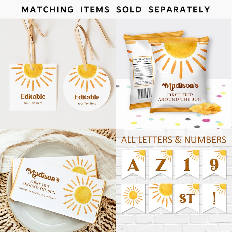 K&ouml;nnte beinhalten: Ein Set bedruckbarer Partydekorationen mit einer gelben Sonne mit orangefarbenen Strahlen. Das Set enth&auml;lt ein Banner mit Buchstaben und Zahlen, einen Chip-Beutel, eine Schokoladenriegel-Verpackung und zwei Etiketten. Der Text auf den Dekorationen lautet "Madison's First Trip Around the Sun".