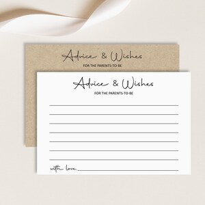May include: A white card with the text "Advice & Wishes" for the parents-to-be. There are lines for writing advice and wishes, and the card ends with "with love."