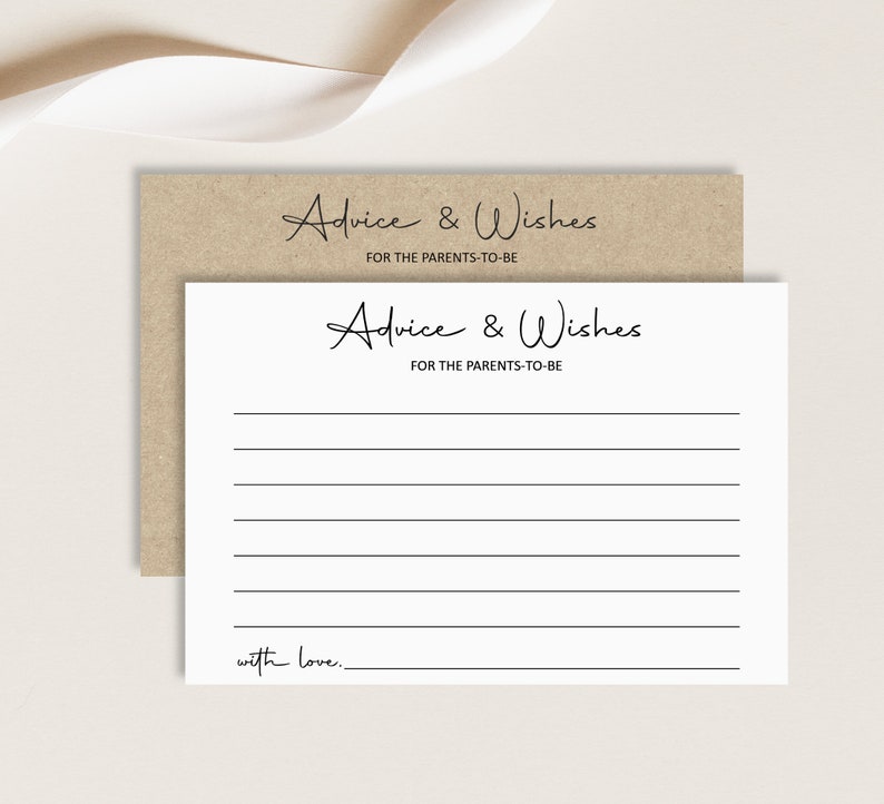 May include: A white card with the text "Advice & Wishes" for the parents-to-be. There are lines for writing advice and wishes, and the card ends with "with love."