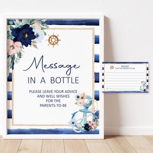 Carte de conseils nautiques pour baby shower pour les futurs parents Message dans une bouteille, ancre, cartes de conseils pour baby shower imprimables, non modifiables C97