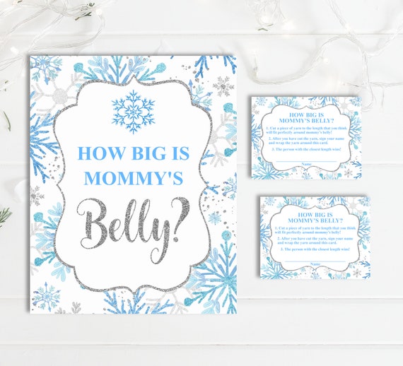 Guess How Big Is Mommy's Belly Winter Baby Shower Game Printable Blue Snowflakes Boy Baby Shower Game Instant Download C88 Il_570xn