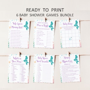 May include: A set of six printable baby shower games featuring a mermaid theme. The games include "Who Knows Mommy Best?", "Price is Right", "Baby Bingo", "What's in Your Purse?", "Baby Shower Word Scramble", and "Nursery Rhyme Quiz".