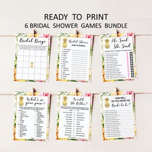 May include: A set of six printable bridal shower games featuring a tropical theme with pineapples and floral designs. The games include Bridal Bingo, Bridal Shower Word Scramble, He Said She Said, What's in Your Purse, Would She Rather, and How Well Do You Know the Bride-to-Be.