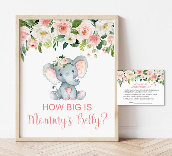 Guess How Big Is Mommy's Belly Guess Mommy Tummy Elephant Baby Shower Game Printable Blush Pink Floral NOT Editable C80 Il_570xn