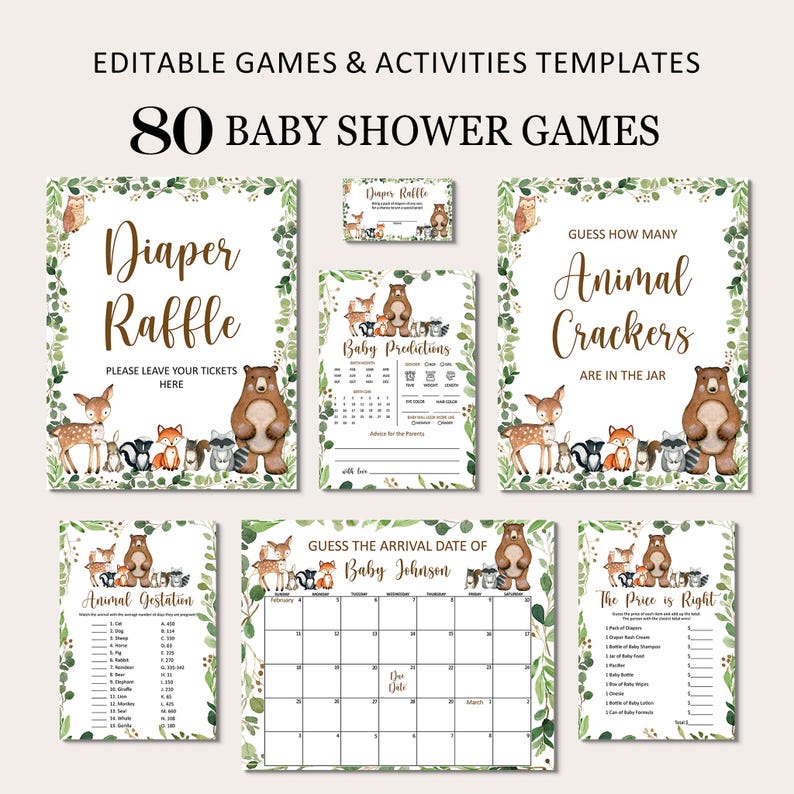 Diaper Raffle Tickets and Sign Woodland Baby Shower Game Greenery Woodland Animals Forest Baby Shower Printable NOT Editable 0120 image 6