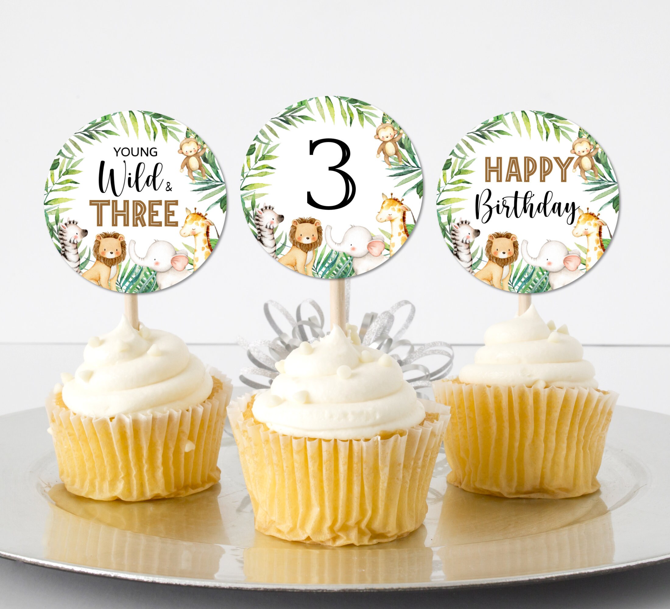Wild Three Cupcake Toppers Safari Birthday Jungle Animals 3rd Etsy