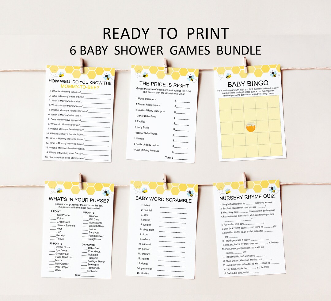 Bumble Bee Baby Shower Games Printable Game Bundle Mommy to Bee Gender ...
