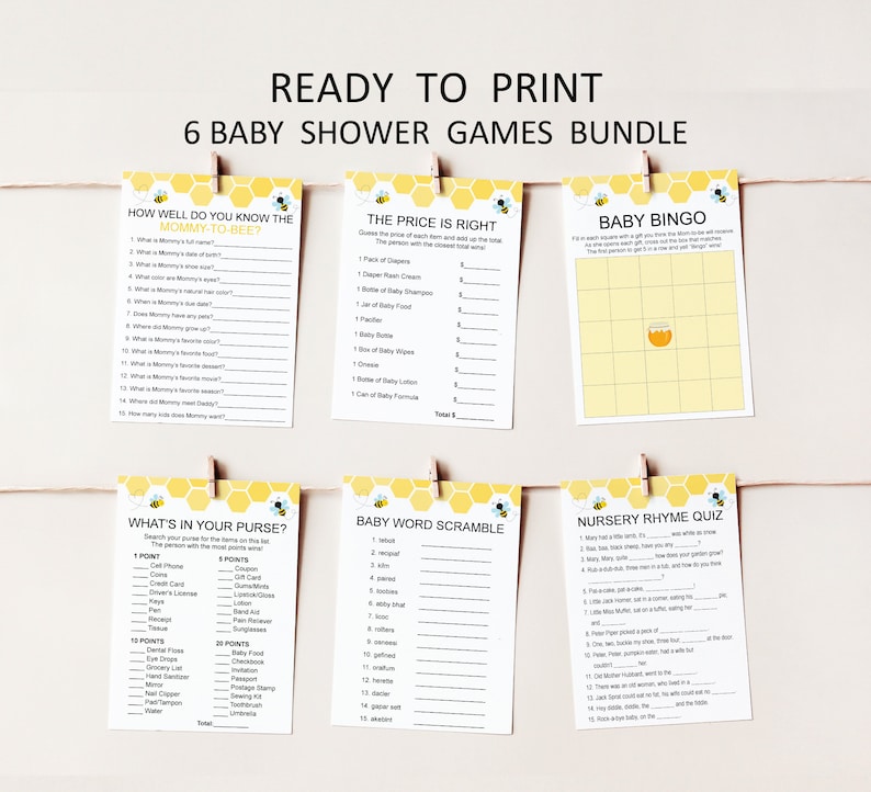 May include: Six printable baby shower game cards with a yellow and white honeycomb pattern and a cartoon bee. The games include: How Well Do You Know the Mommy-to-Bee?, The Price is Right, Baby Bingo, What's in Your Purse?, Baby Word Scramble, and Nursery Rhyme Quiz.