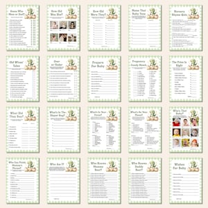 May include: A set of baby shower game cards with a green and white gingham pattern. Each card has a different game, including "Guess Who Mom or Dad?" and "Who's That Baby?", and a dinosaur illustration.