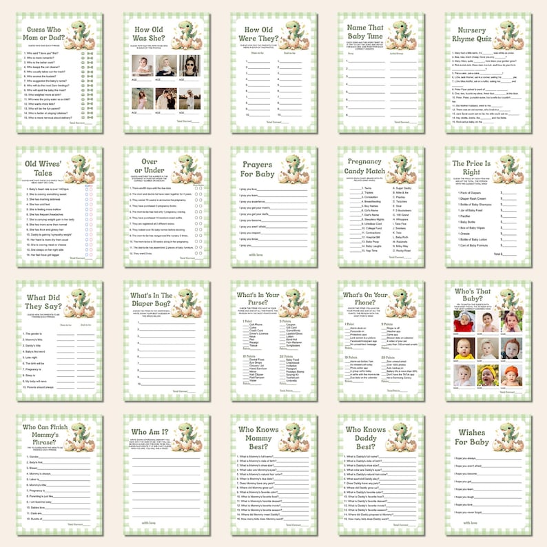 May include: A set of baby shower game cards with a green and white gingham pattern. Each card has a different game, including "Guess Who Mom or Dad?" and "Who's That Baby?", and a dinosaur illustration.