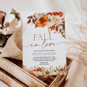 Editable Fall Bridal Shower Invitation Template Fall In Love Invite Pumpkin Autrumn Floral Bridal Shower Invite Printable Corjl 0131