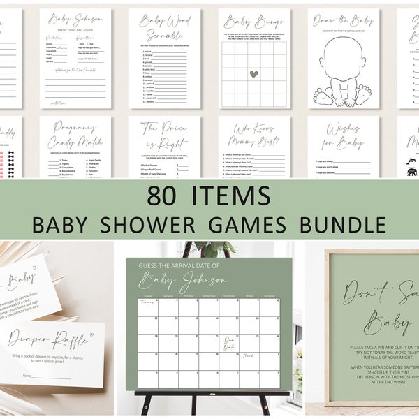 Editable Gender Neutral Baby Shower Games Bundle Green Baby Shower Minimalist Modern Baby Shower Games Printable Corjl 0122