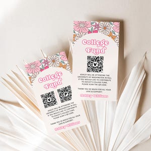 Carte de code QR modifiable pour l'obtention du diplôme rose, fleurs sauvages, cadeau en argent pour l'obtention du diplôme, modèle d'insertion de carte Venmo, Corjl 0143