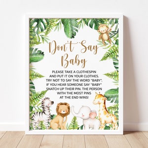 Don't Say Baby Clothespins Game Jungle Baby Shower Jungle Animals Cute Safari Baby Shower Game Sign Printable Tropical NOT Editable C94