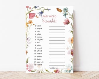Floral Wildflower Baby Shower Baby Word Scramble Game, Baby In Bloom Pink Baby Shower Game Printable 0123