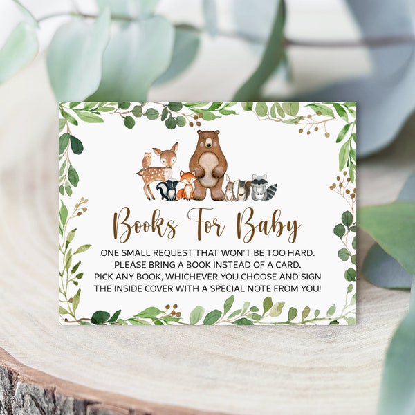 Books for Baby Card Woodland Baby Shower Greenery Woodland Animals Forest Book Request Bring A Book Card Printable NOT Editable 0120