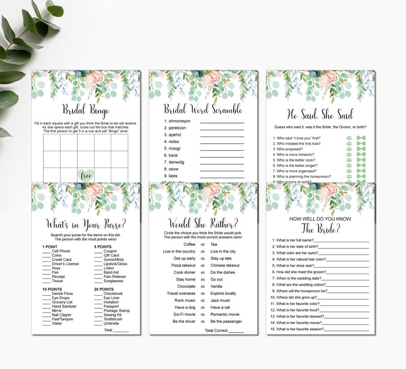 Eucalyptus Bridal Shower Games Bundle Greenery Bridal Shower Etsy