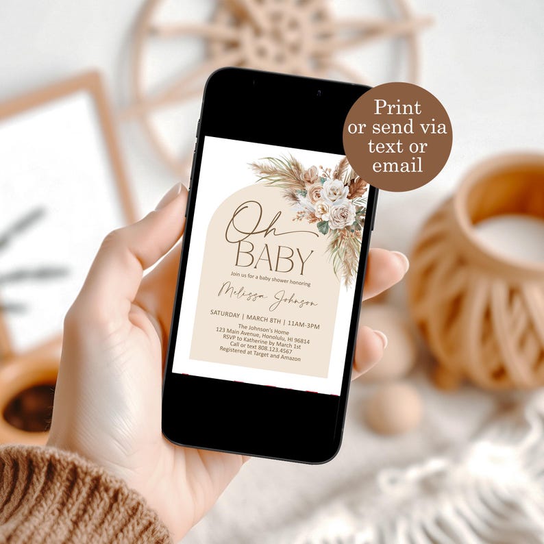 May include: A digital invitation for a baby shower with a beige background and a floral illustration. The text reads "Oh Baby" and "Join us for a baby shower honoring Melissa Johnson". The invitation includes the date, time, location, RSVP information, and gift registry details.