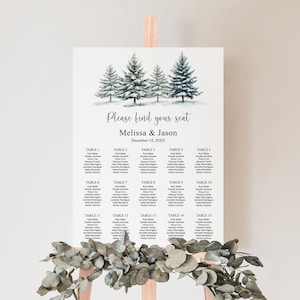 Editable Winter Evergreen Seating Chart Wedding Seating Sign Baby Shower Birthday Party Seating Template Printable Corjl 0134