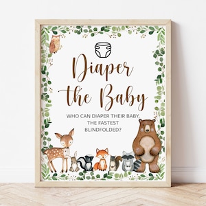 Blindfolded Diaper Changing Game Woodland Baby Shower Game Sign Greenery Woodland Animals Forest Baby Shower Printable NOT Editable 0120