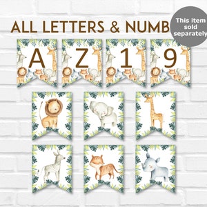 May include: A set of printable jungle animal alphabet and number banners. The banners feature a variety of animals, including a lion, giraffe, zebra, elephant, rhino, and tiger. The letters and numbers are in a brown font and are surrounded by green leaves.