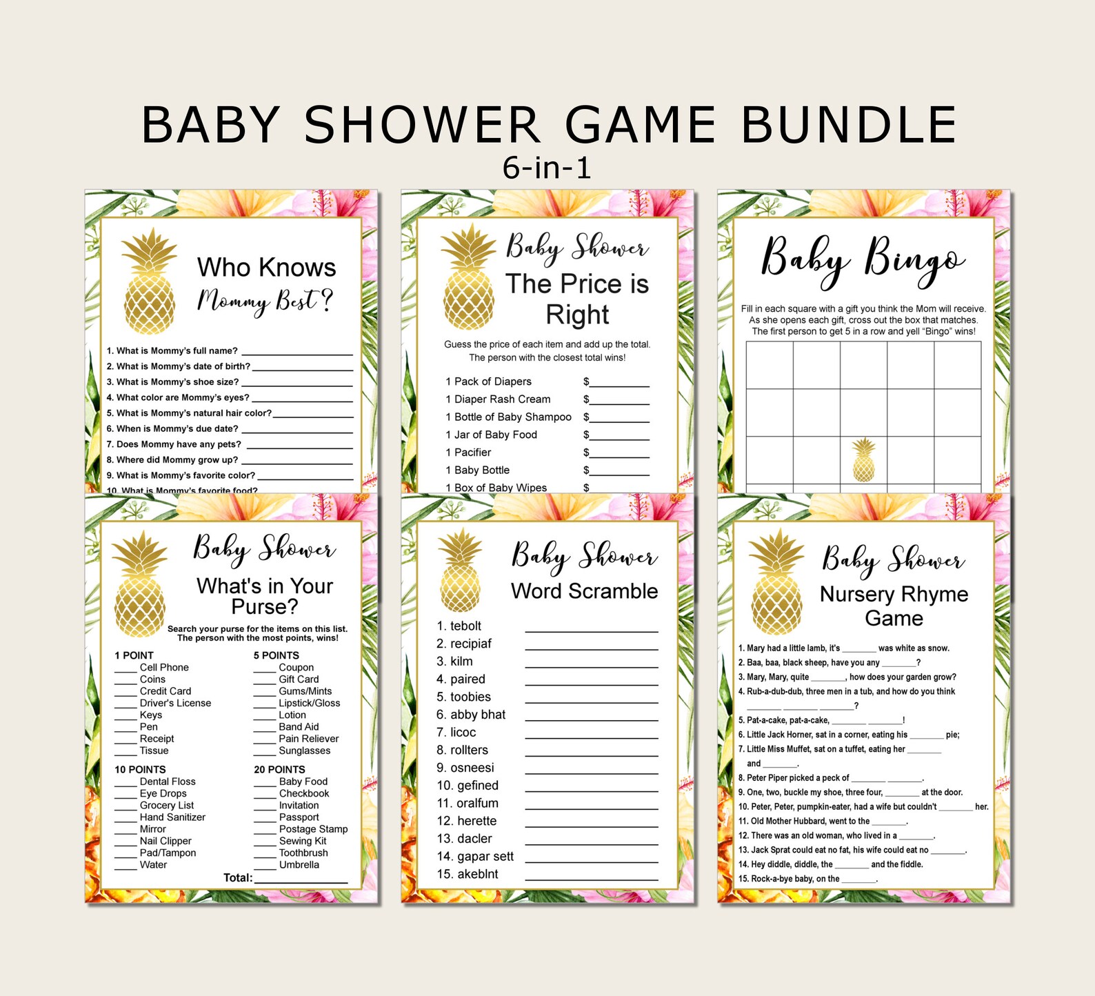 Tropical Baby Shower Game Bundle Printable Gender Neutral Etsy