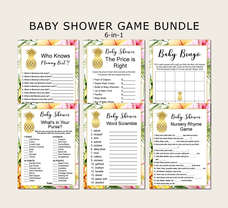 Hawaiian Luau Baby Shower Games Package Instant Download C74 Games Bundle Tropical Baby Shower Games Printable