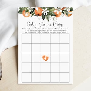Carte da gioco Citrus Baby Shower Bingo Little Cutie Baby Shower Tema arancione Gioco Baby Shower stampabile NON modificabile 0125