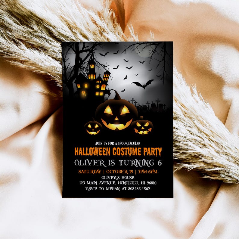 Spooky Halloween Invitation Birthday Costume Party Invite Printable Template Scary Pumpkins Haunted House