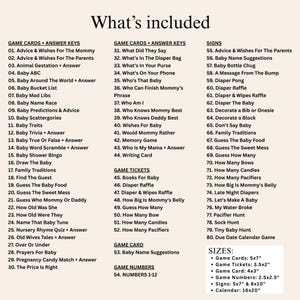 May include: A list of baby shower game ideas, including game cards, tickets, and signs. The text includes game titles and sizes, such as 5x7 inch game cards and 3.5x2 inch game tickets.
