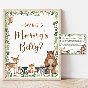 Juego de Adivina qué tan grande es la barriga de mamá Juego de Baby Shower de Bosque Juego de Baby Shower de Animales del Bosque Verdes Imprimible NO Editable 0120